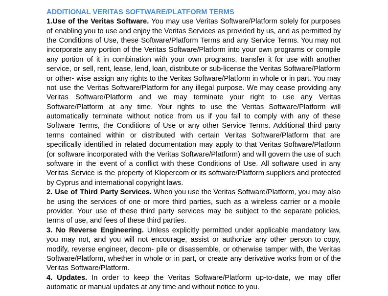 Veritas conditions of use